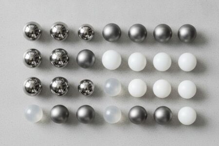 Esferas industriais de diferentes materiais: aço inoxidável, titânio e plástico, dispostas sobre superfície industrial