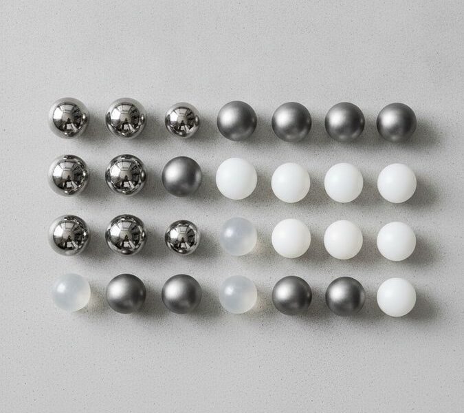 Esferas industriais de diferentes materiais: aço inoxidável, titânio e plástico, dispostas sobre superfície industrial